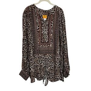Ruby Rd Woman Blouse 3X Leopard Animal Print Tie Front Stud Embellished Rayon
